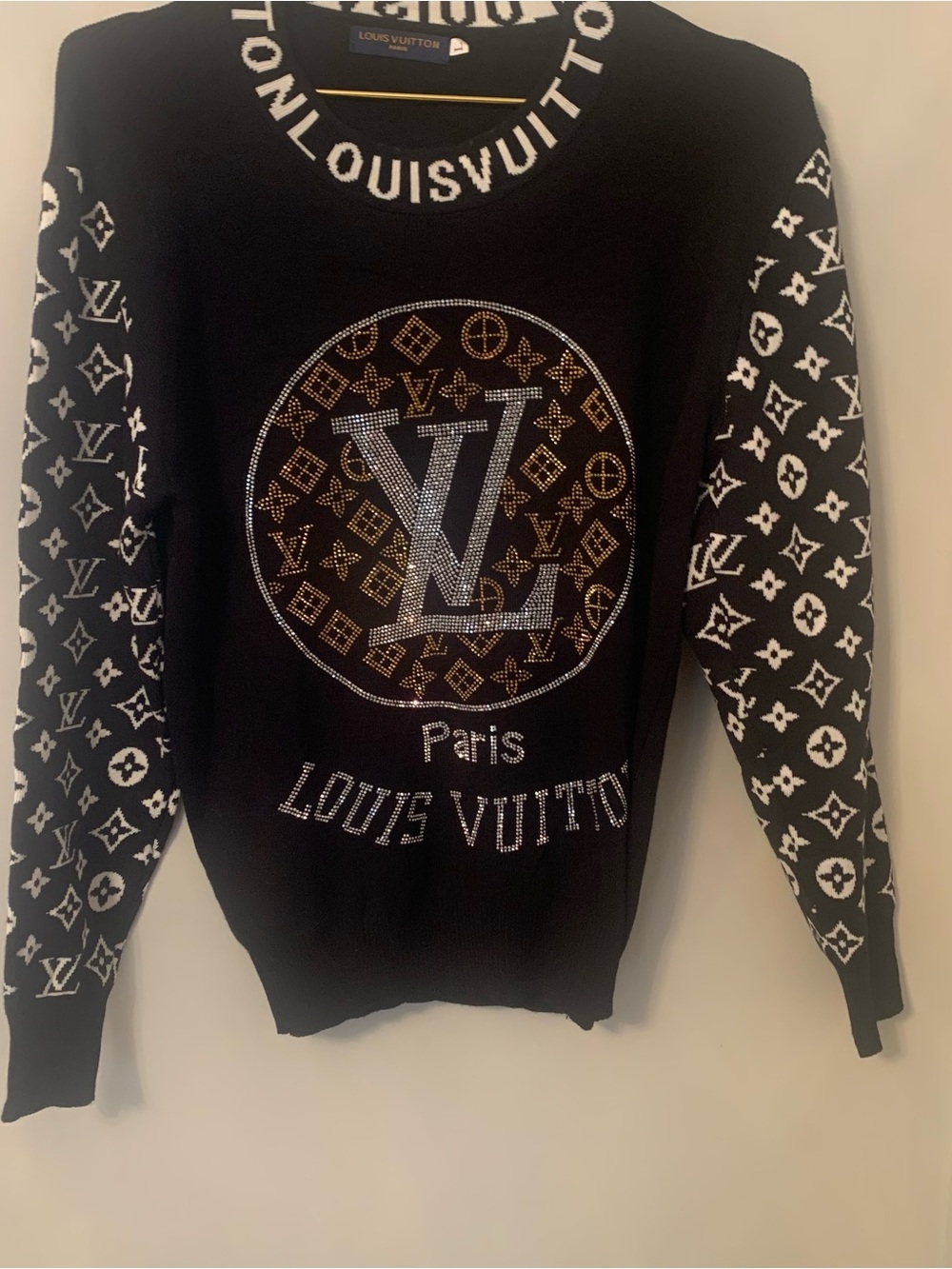 Black and Gold Crewneck Sweater with White Monogram Sleeves